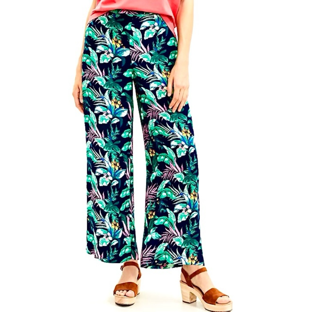 Loft Fluid Wide Leg Pants Women’s Size M Petite Botanical Tropical Floral Beach